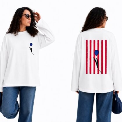 Blue tulip on pink stripes Long Sleeve